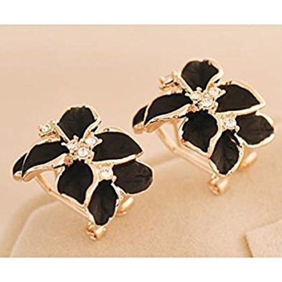 Black Enamel Floral Earrings w Rhinestone Accents - Picture 4 of 6